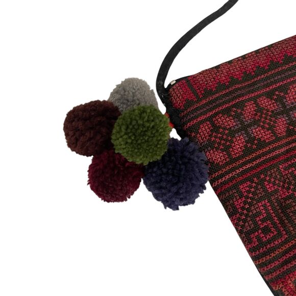 Women's Mini PomPom Crossbody Printed Abstract Zip Pouch Red - Picture 7 of 9